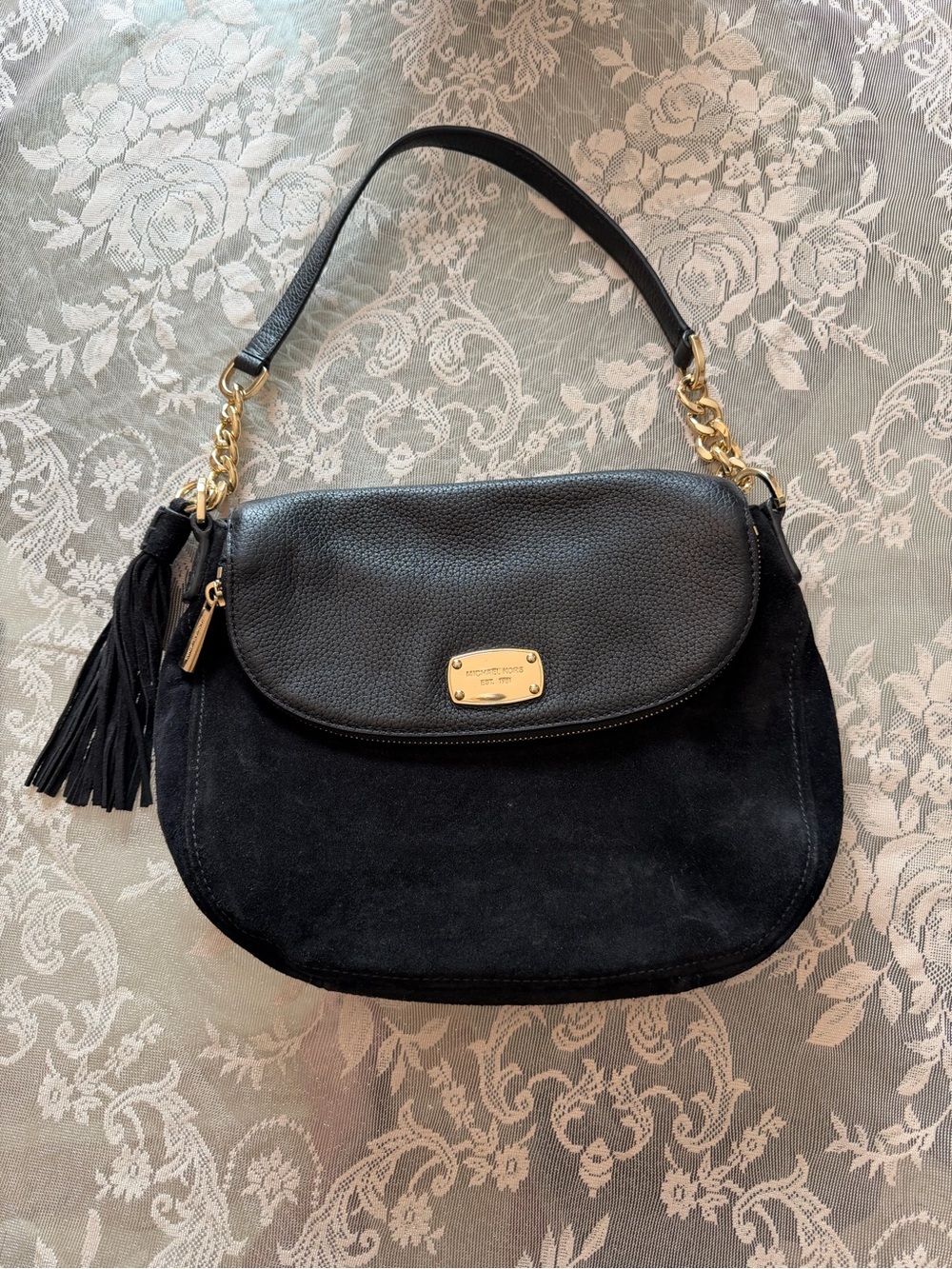 Michael Kors Bedford Tassel  Suede & Leather Shoulder Bag with Gold Hardware